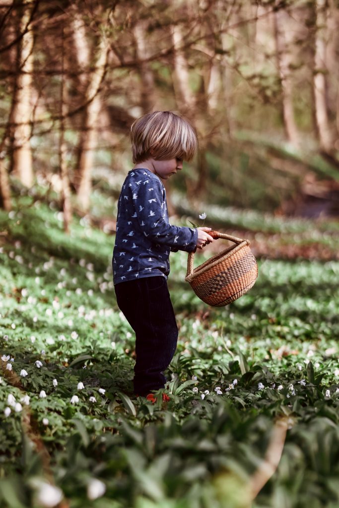 Blondes Kind mit Korb in der Hand im Frühlingswald voll weißer Blumen